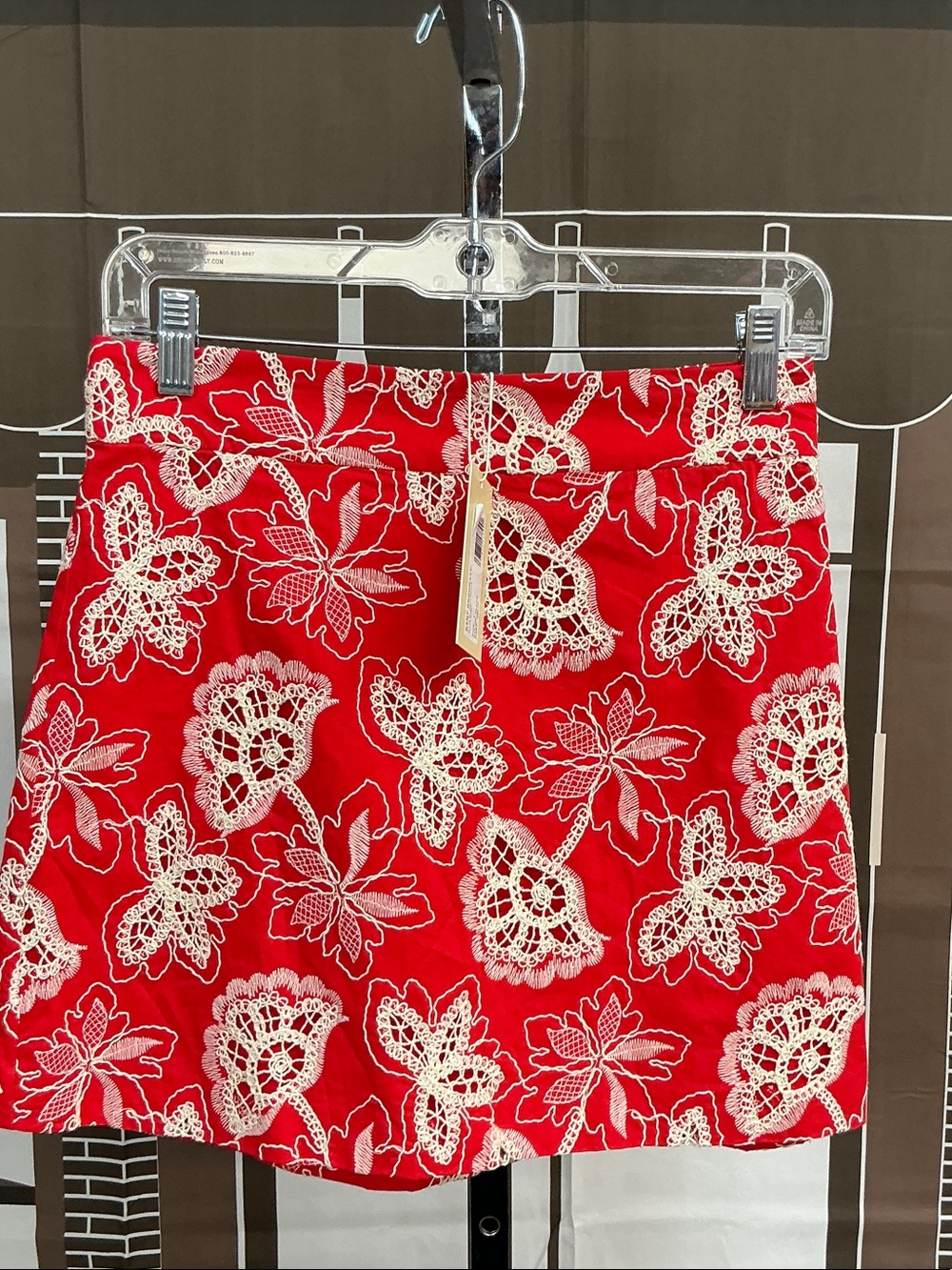 Ramy Brook Red Mini Skirt with Cream Lace Floral Overlay. #2241